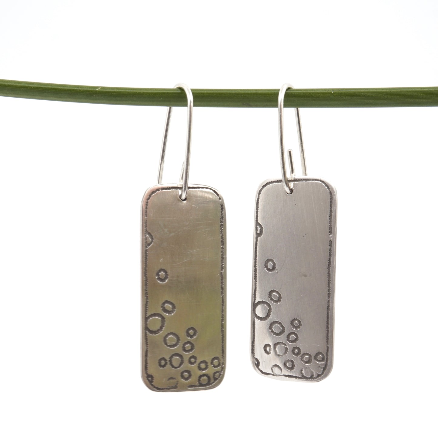 Growling Grass Frog Pattern Etched Rectangular Sterling Silver Drop Earrings