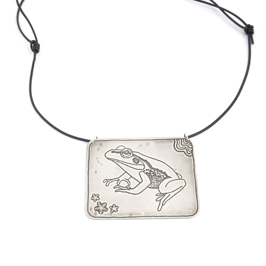 Growling Grass Frog Etched Sterling Silver Necklace on Adjustable Black Leather