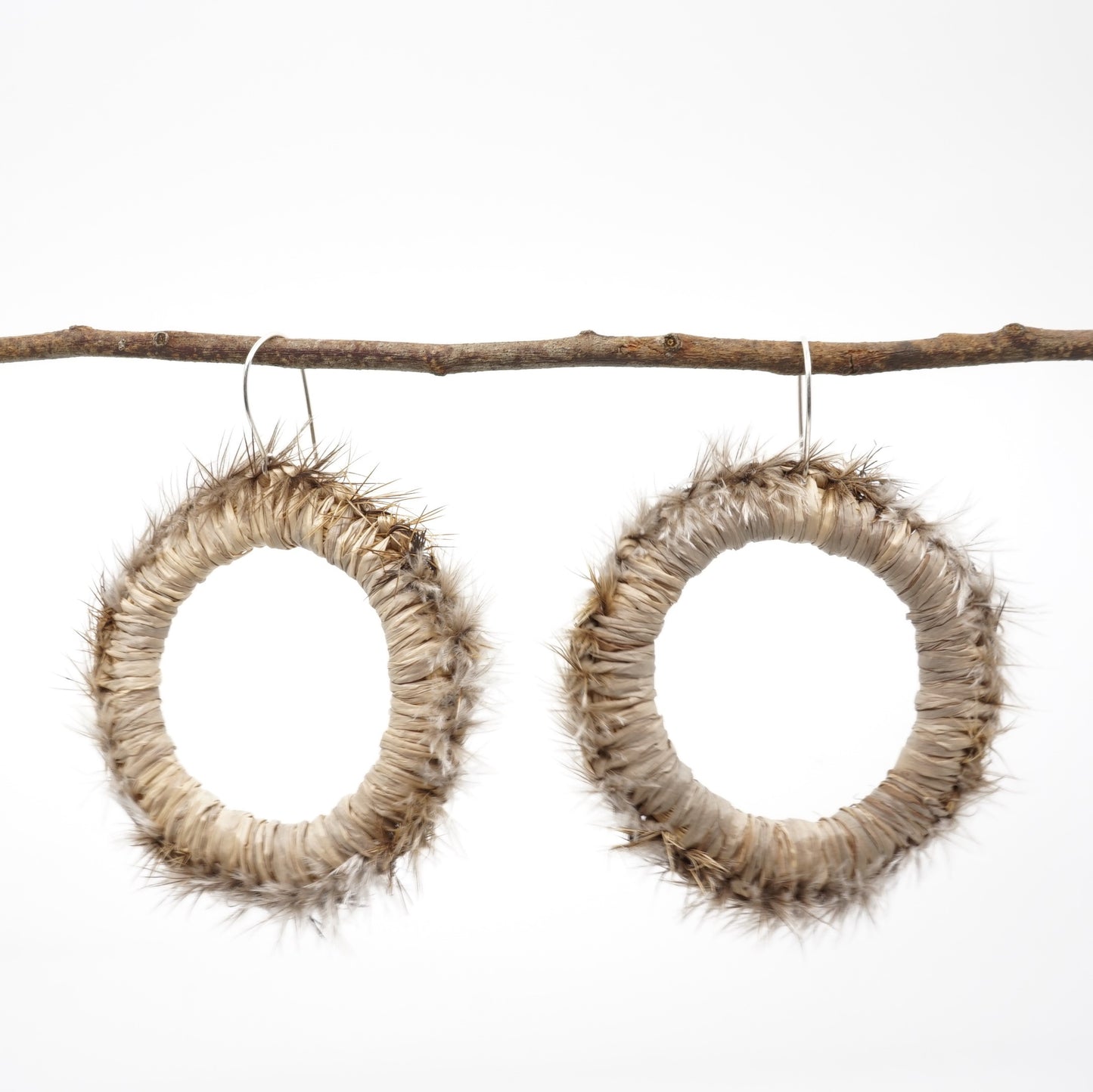 Brown Goshawk Emu Feather Raffia Hoop Earrings
