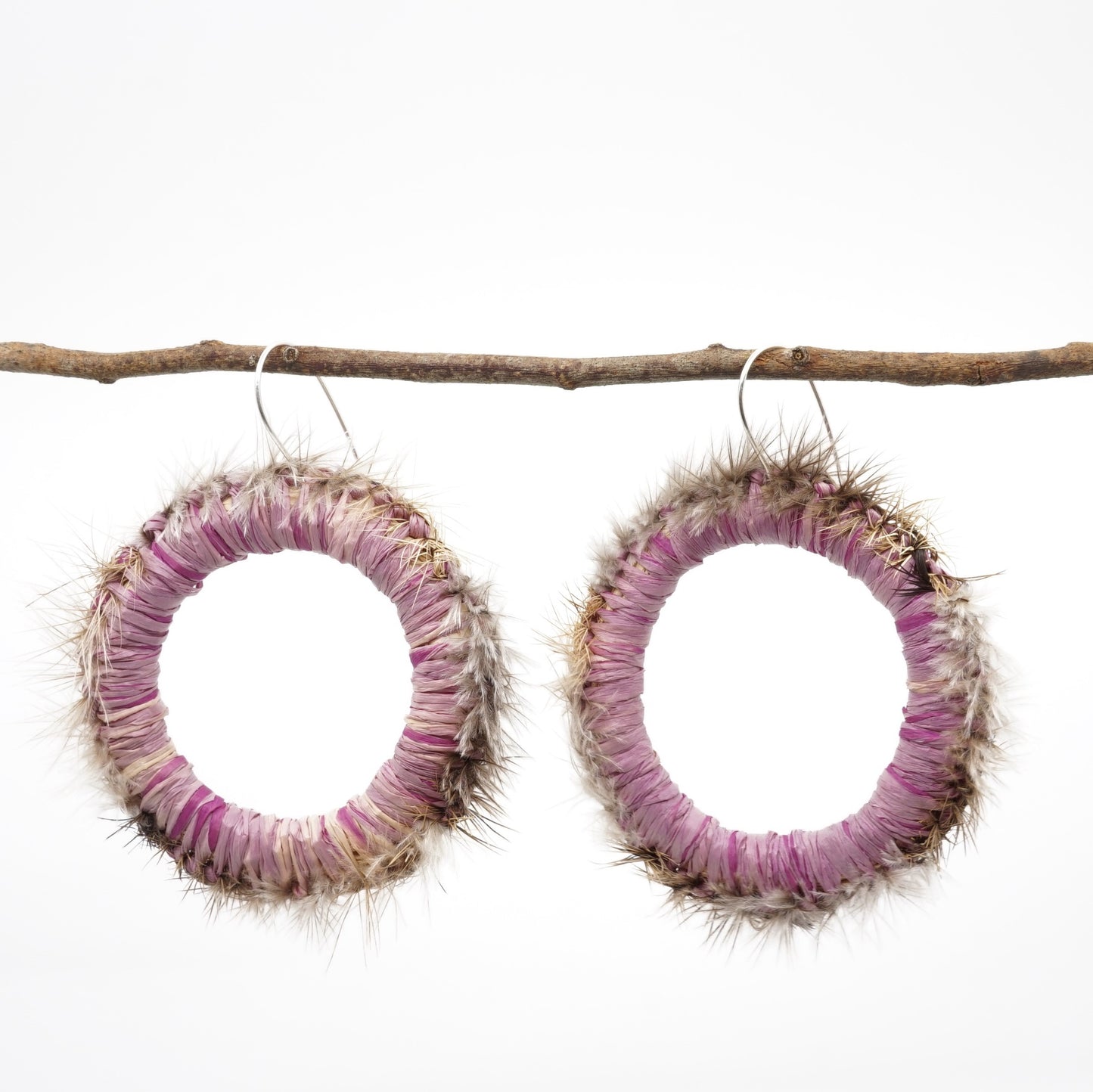 Purple Diuris Flower Emu Feather Raffia Hoop Earrings