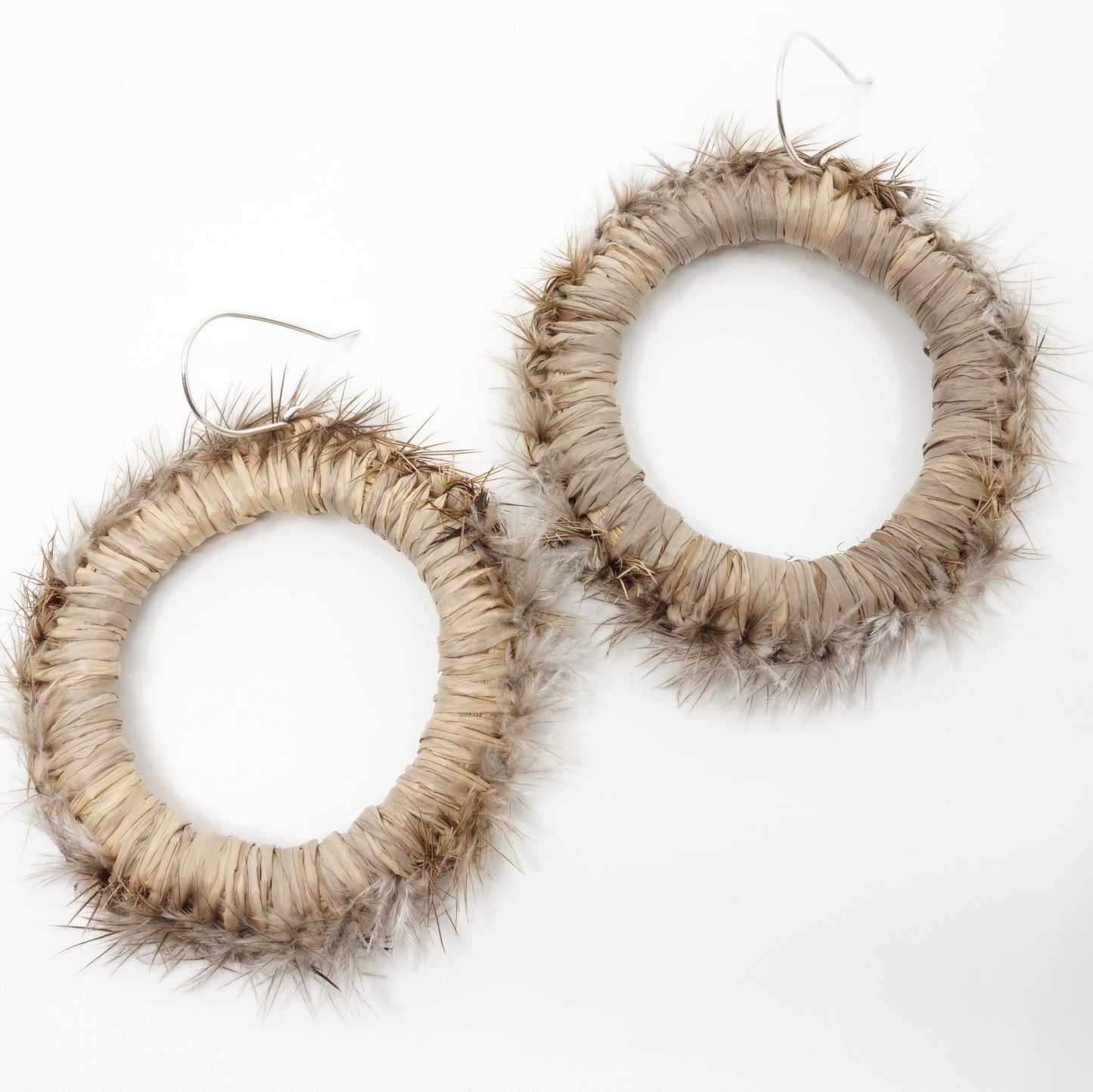 Brown Goshawk Emu Feather Raffia Hoop Earrings