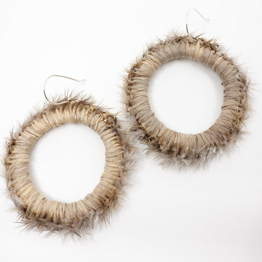 Brown Goshawk Emu Feather Raffia Hoop Earrings