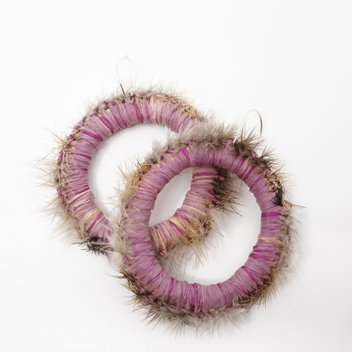 Purple Diuris Flower Emu Feather Raffia Hoop Earrings