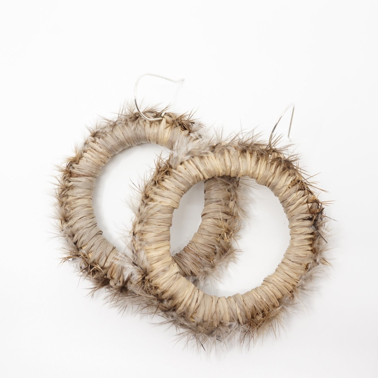 Brown Goshawk Emu Feather Raffia Hoop Earrings