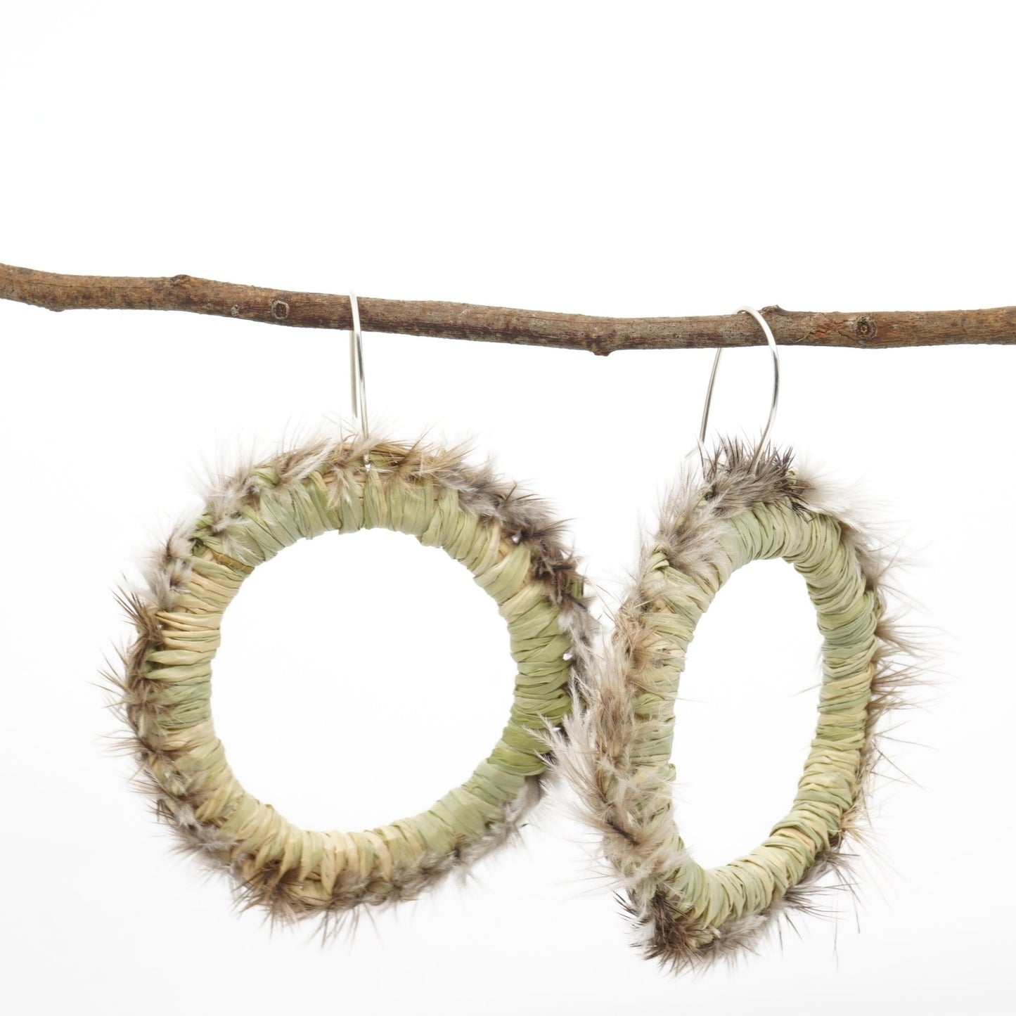 Fern New Growth Emu Feather Raffia Hoop Earrings