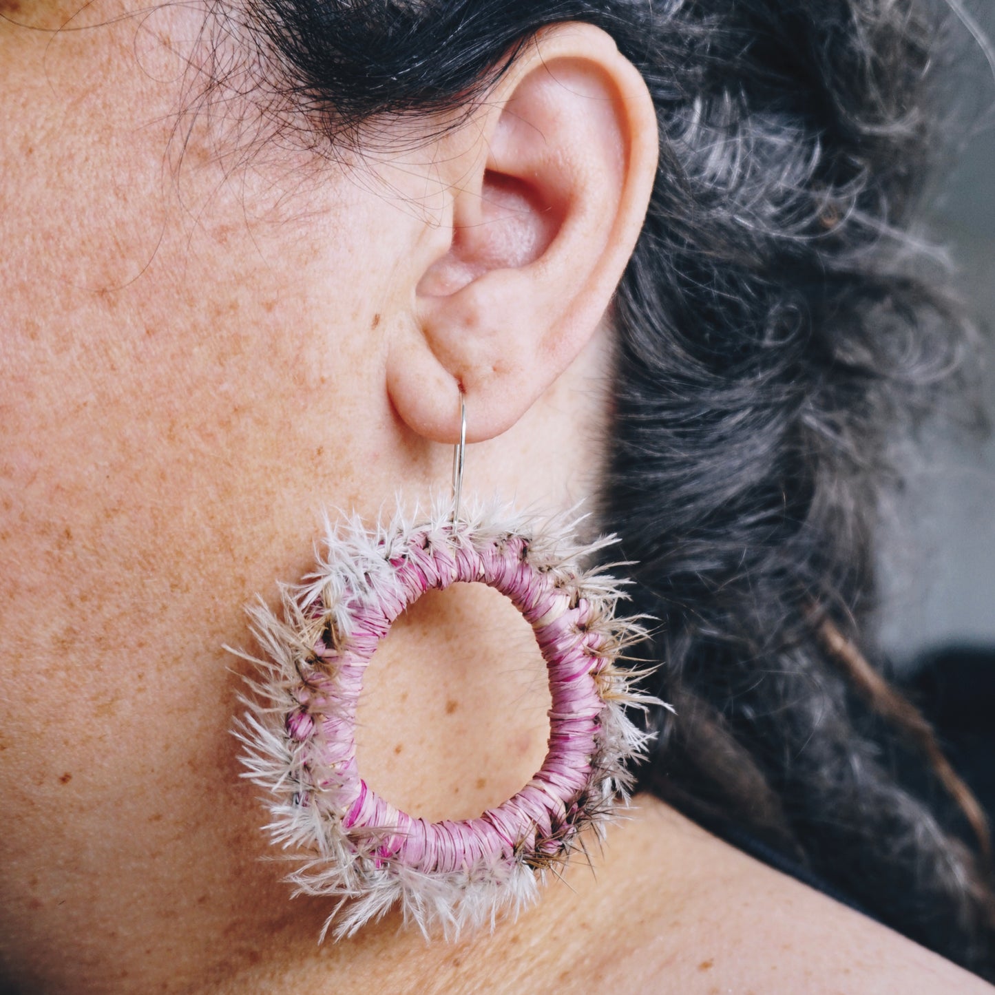 Purple Diuris Flower Emu Feather Raffia Hoop Earrings