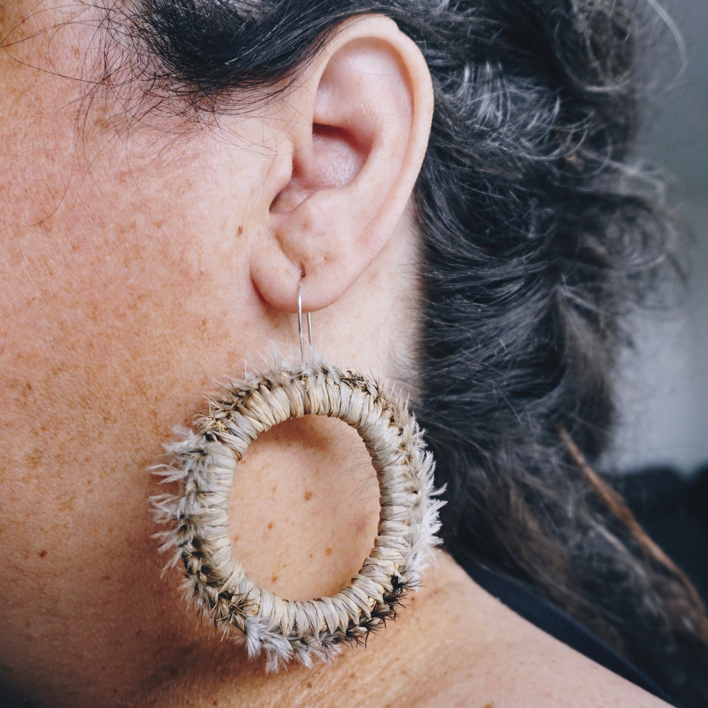Brown Goshawk Emu Feather Raffia Hoop Earrings