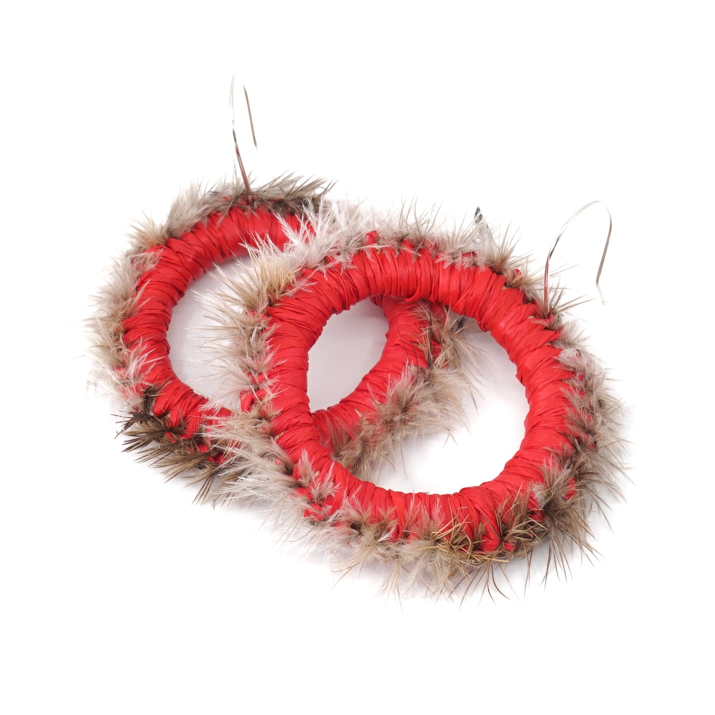 Red Bottlebrush Emu Feather Raffia Hoop Earrings