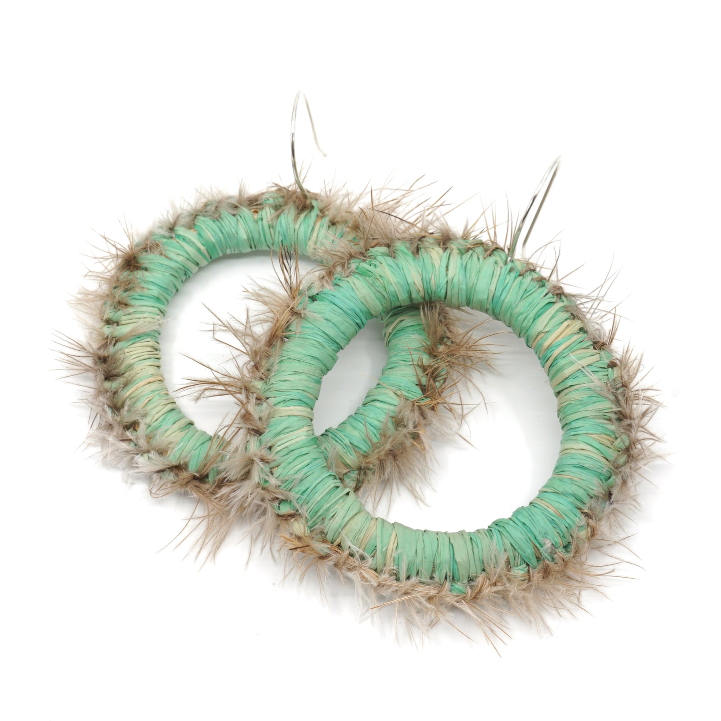 Green Looper Moth Emu Feather Raffia Hoop Earrings
