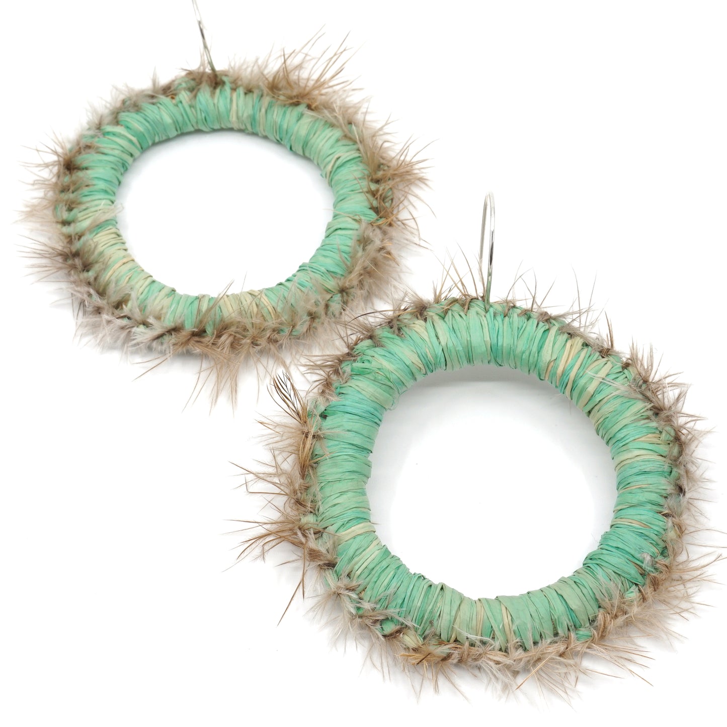 Green Looper Moth Emu Feather Raffia Hoop Earrings