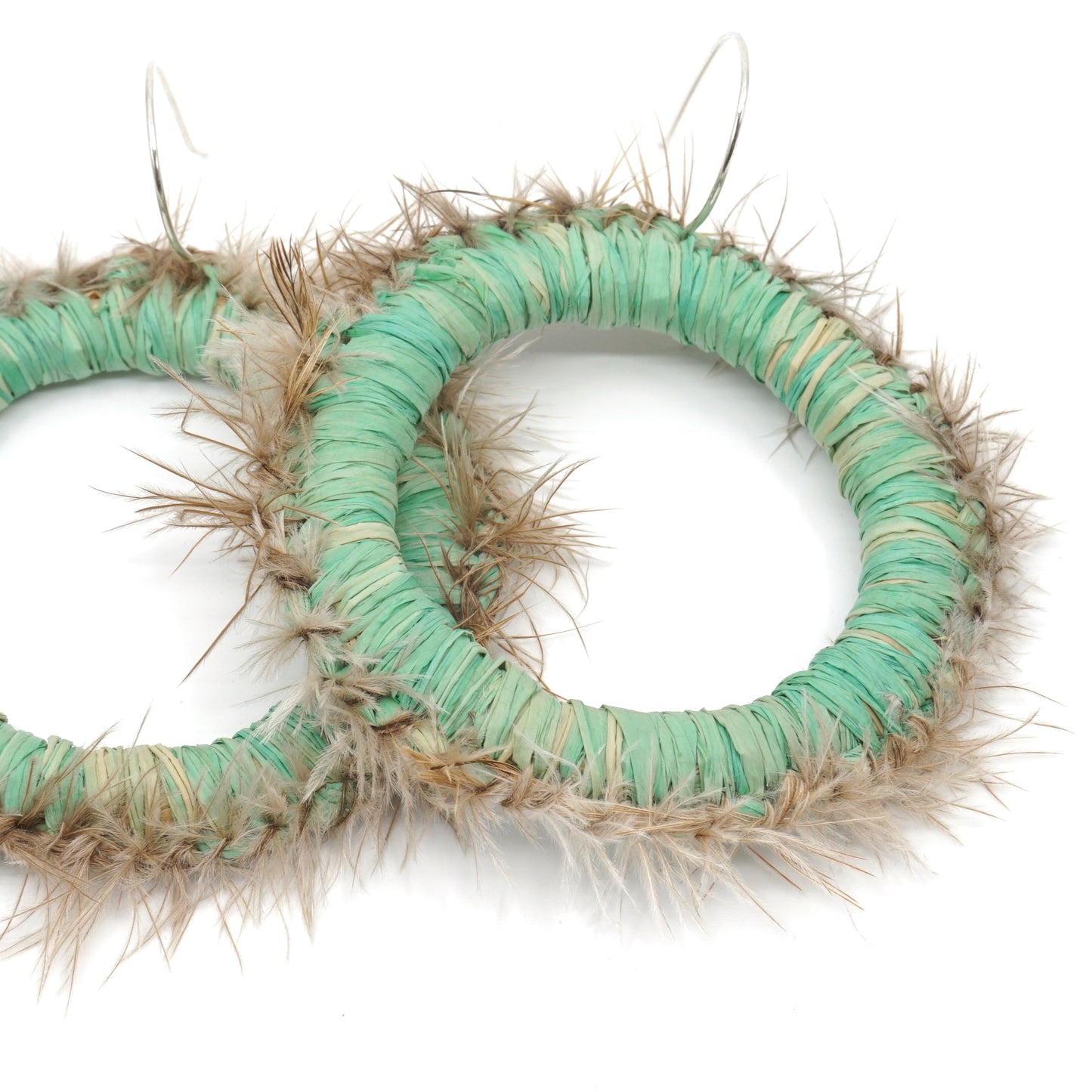 Green Looper Moth Emu Feather Raffia Hoop Earrings