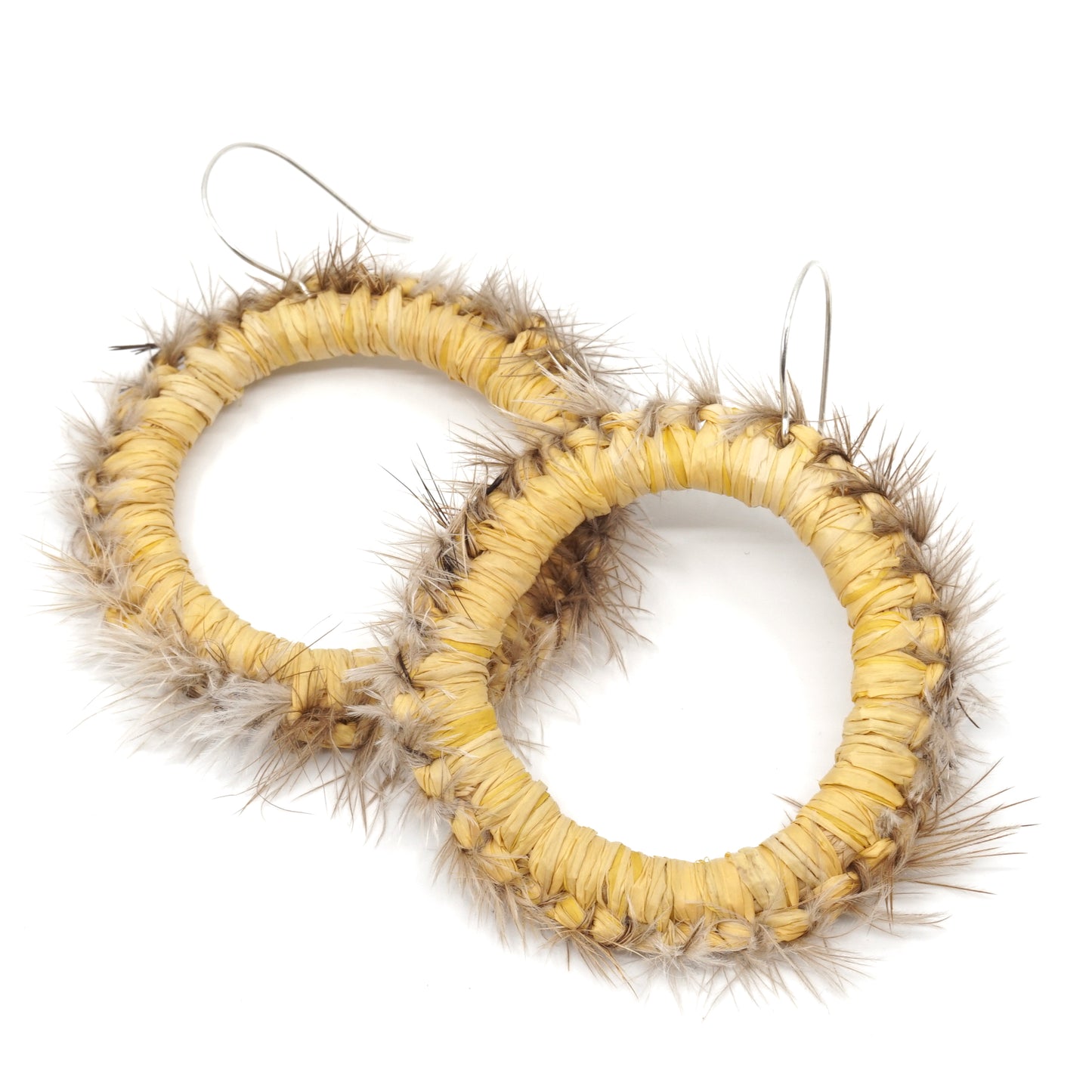 Yellow Tussock Moth Emu Feather Raffia Hoop Earrings