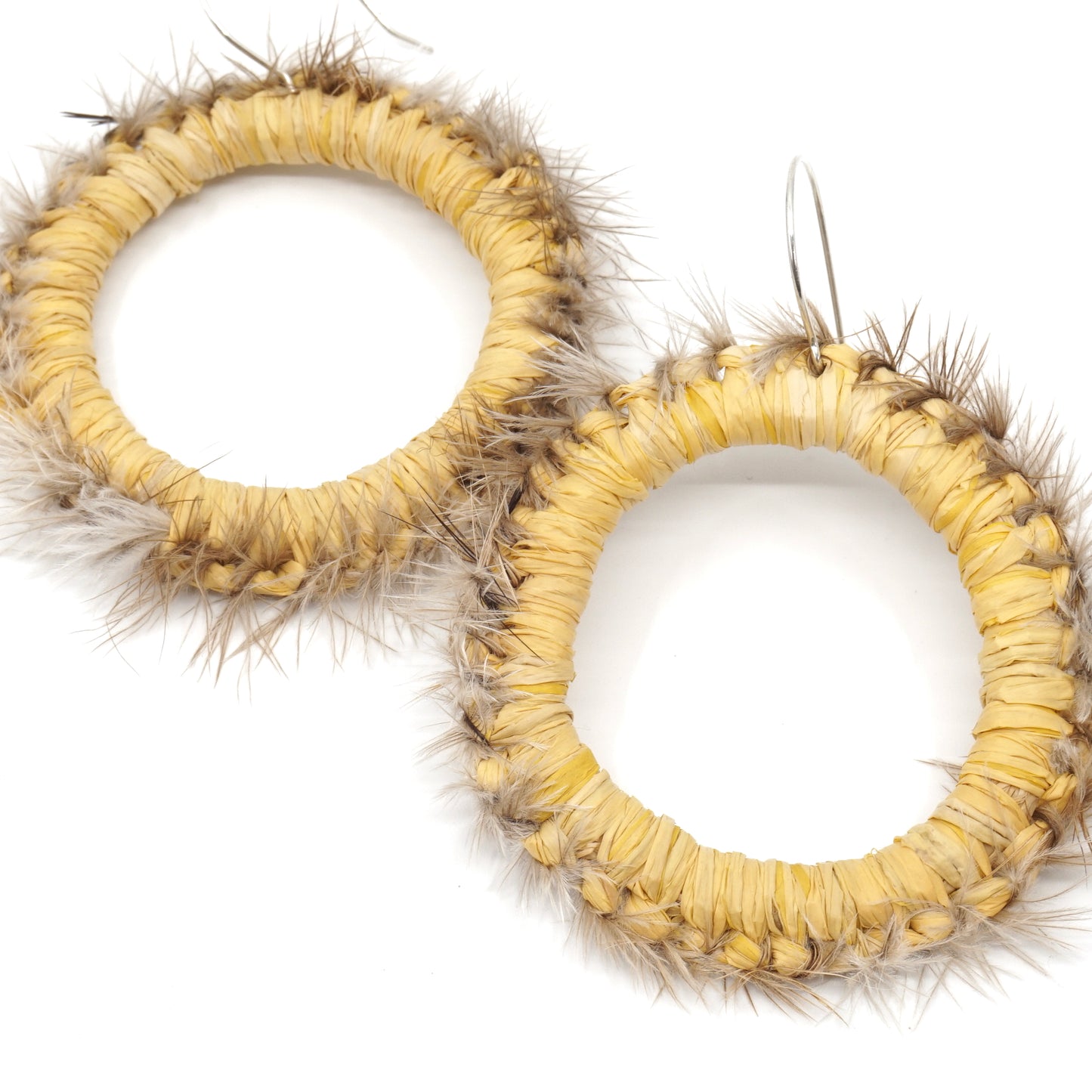 Yellow Tussock Moth Emu Feather Raffia Hoop Earrings