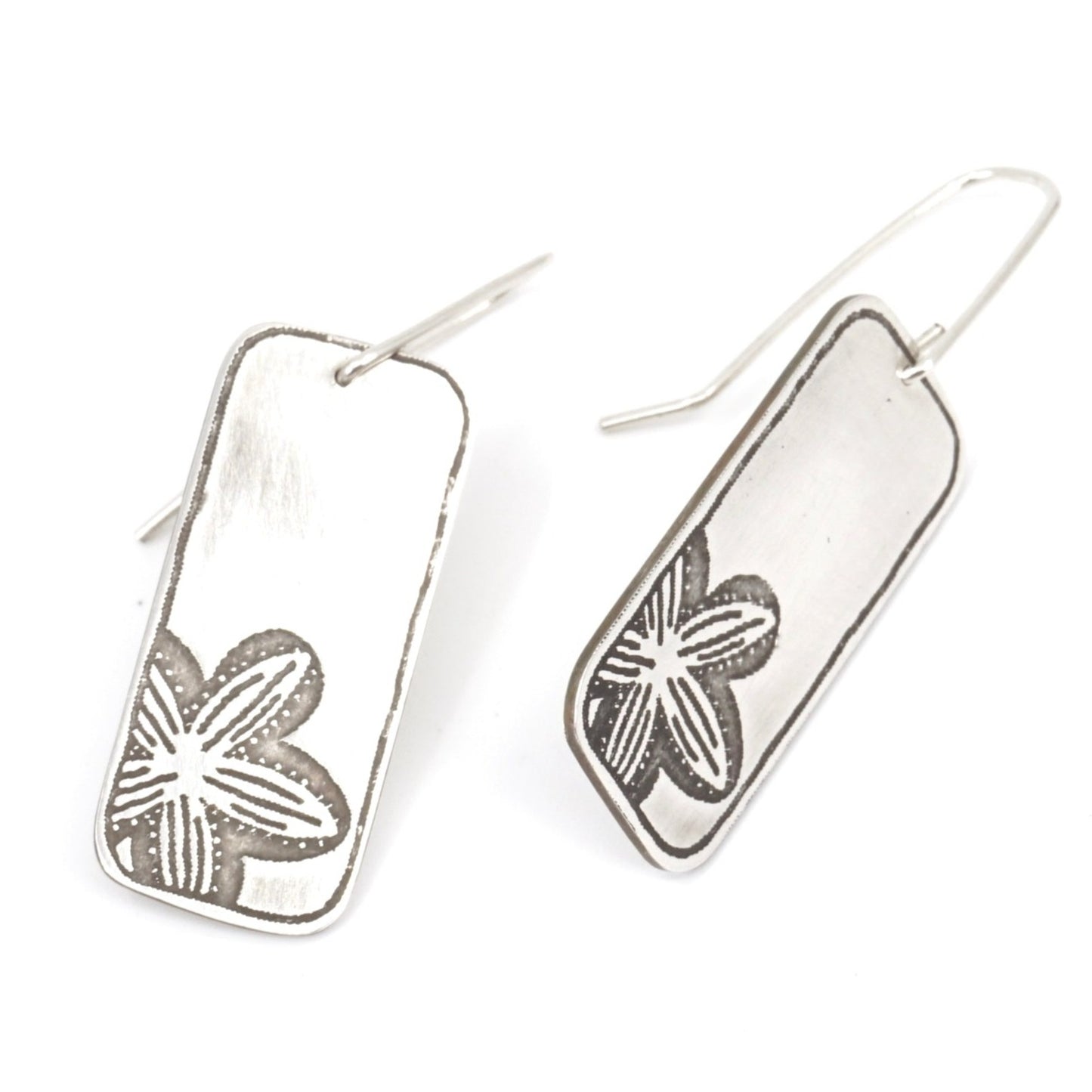Running Marsh Flower Etched Rectangular Sterling Silver Drop Earrings