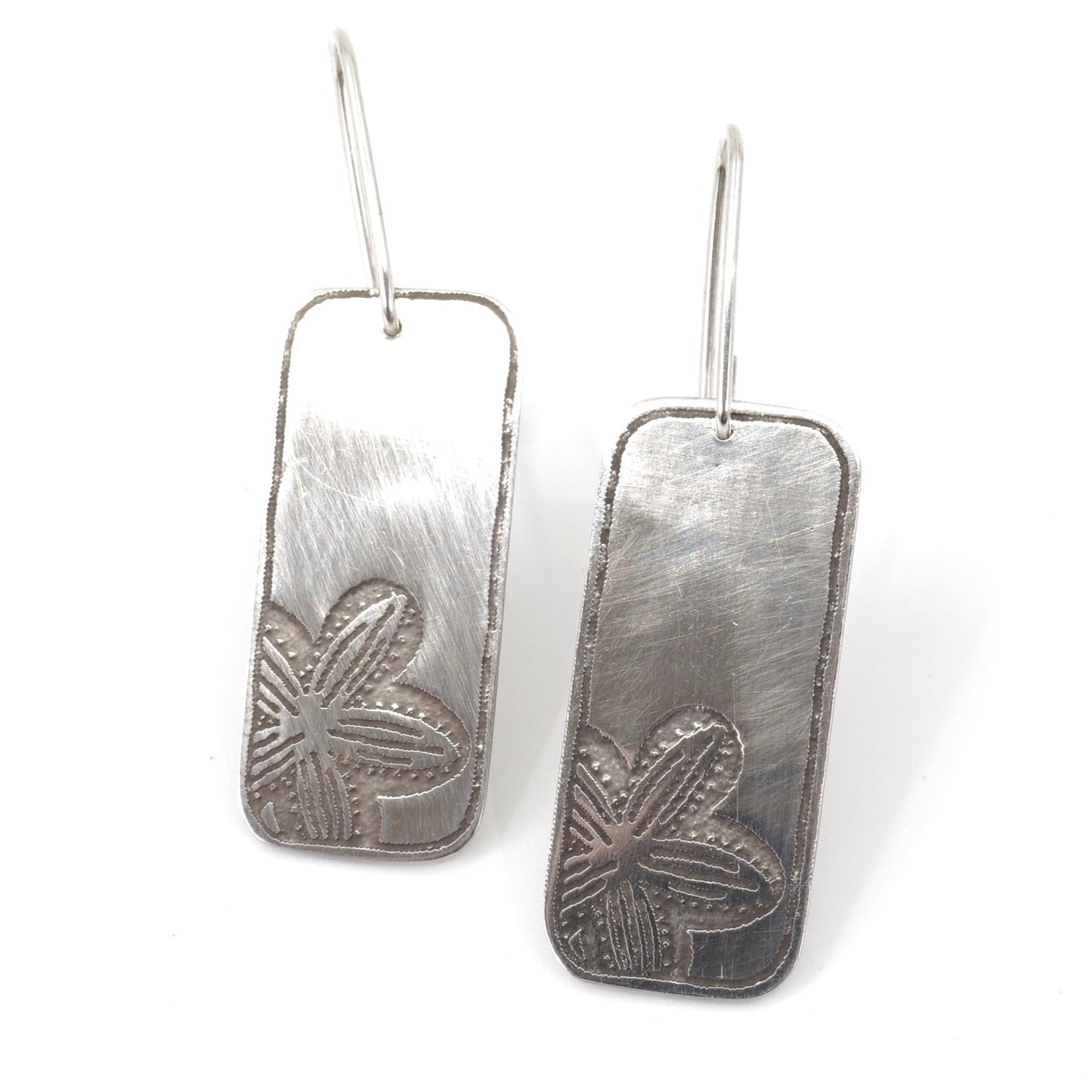 Running Marsh Flower Etched Rectangular Sterling Silver Drop Earrings
