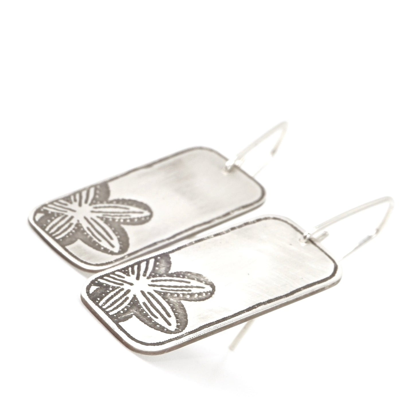 Running Marsh Flower Etched Rectangular Sterling Silver Drop Earrings