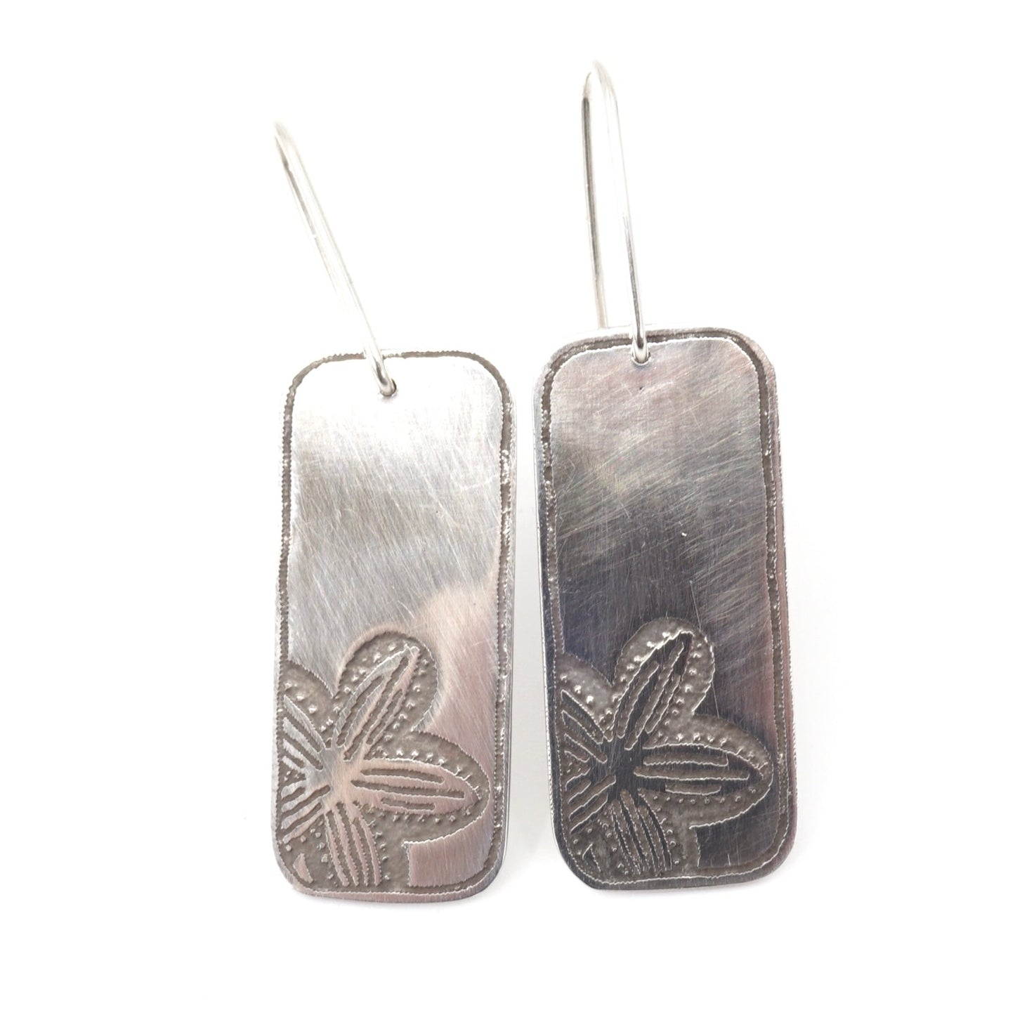 Running Marsh Flower Etched Rectangular Sterling Silver Drop Earrings