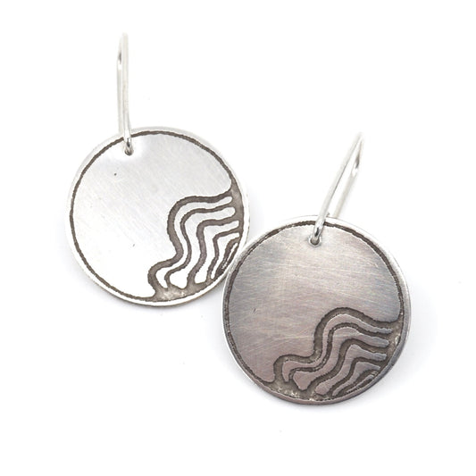 Wetland Habitat Etched Round Sterling Silver Drop Earrings