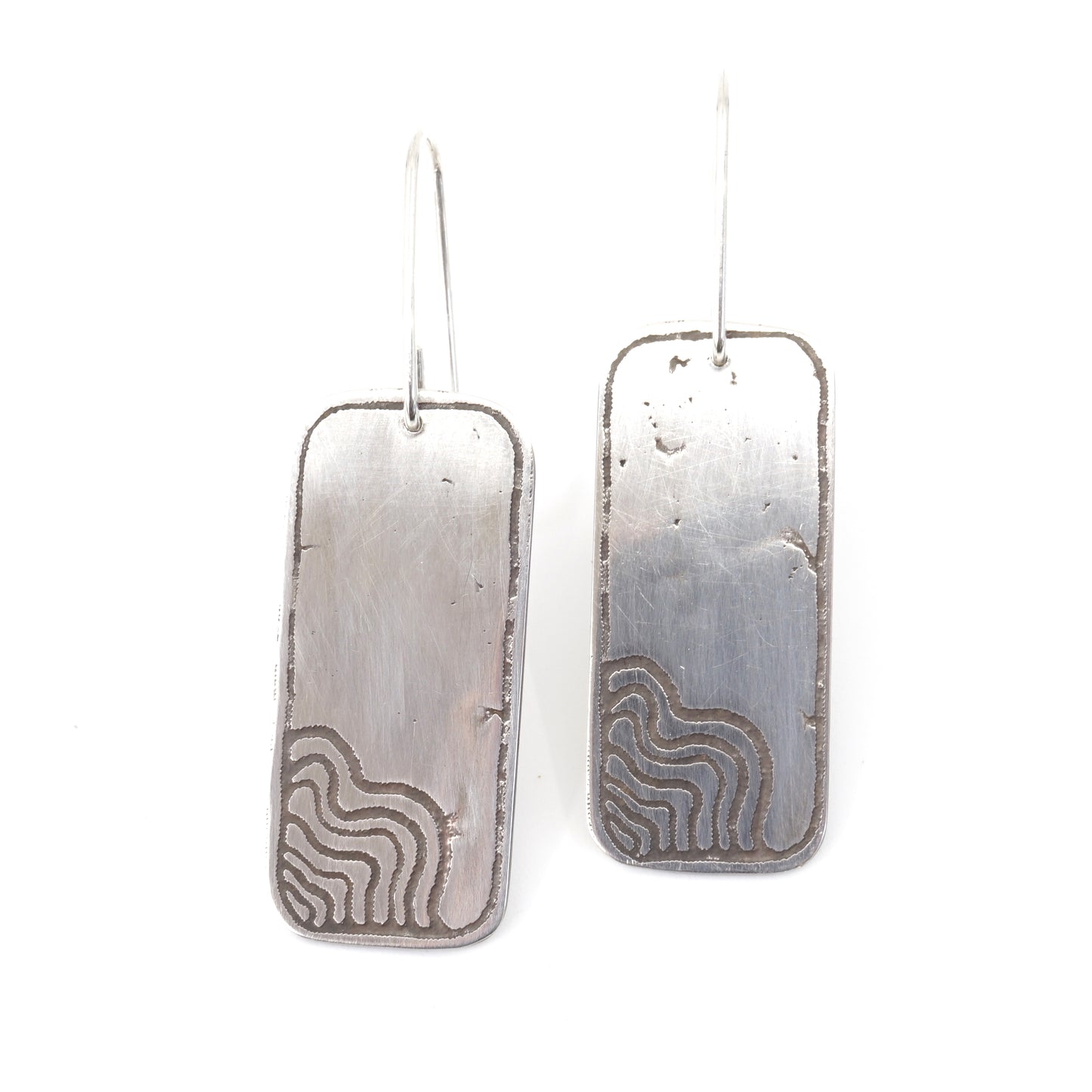 Wetland Habitat Etched Rectangular Sterling Silver Drop Earrings