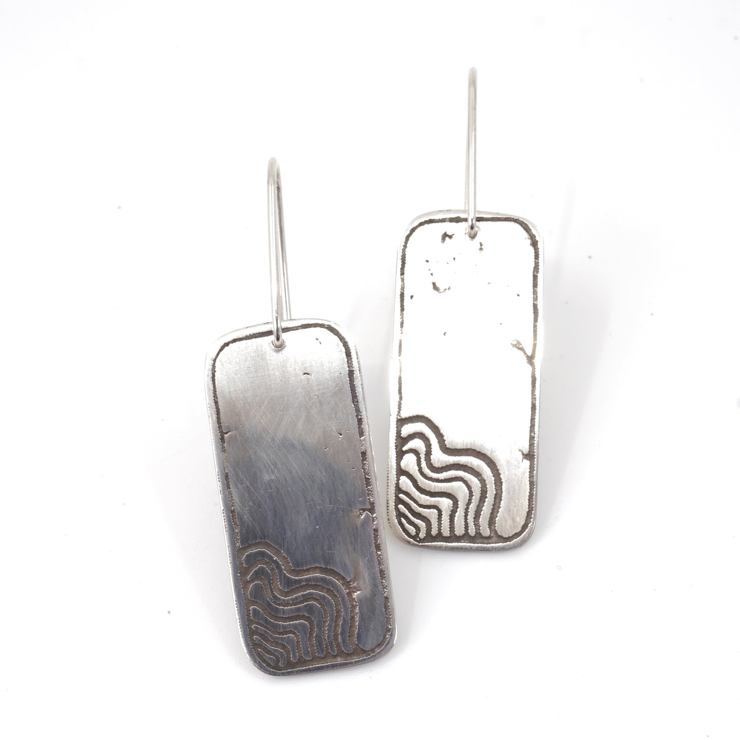 Wetland Habitat Etched Rectangular Sterling Silver Drop Earrings