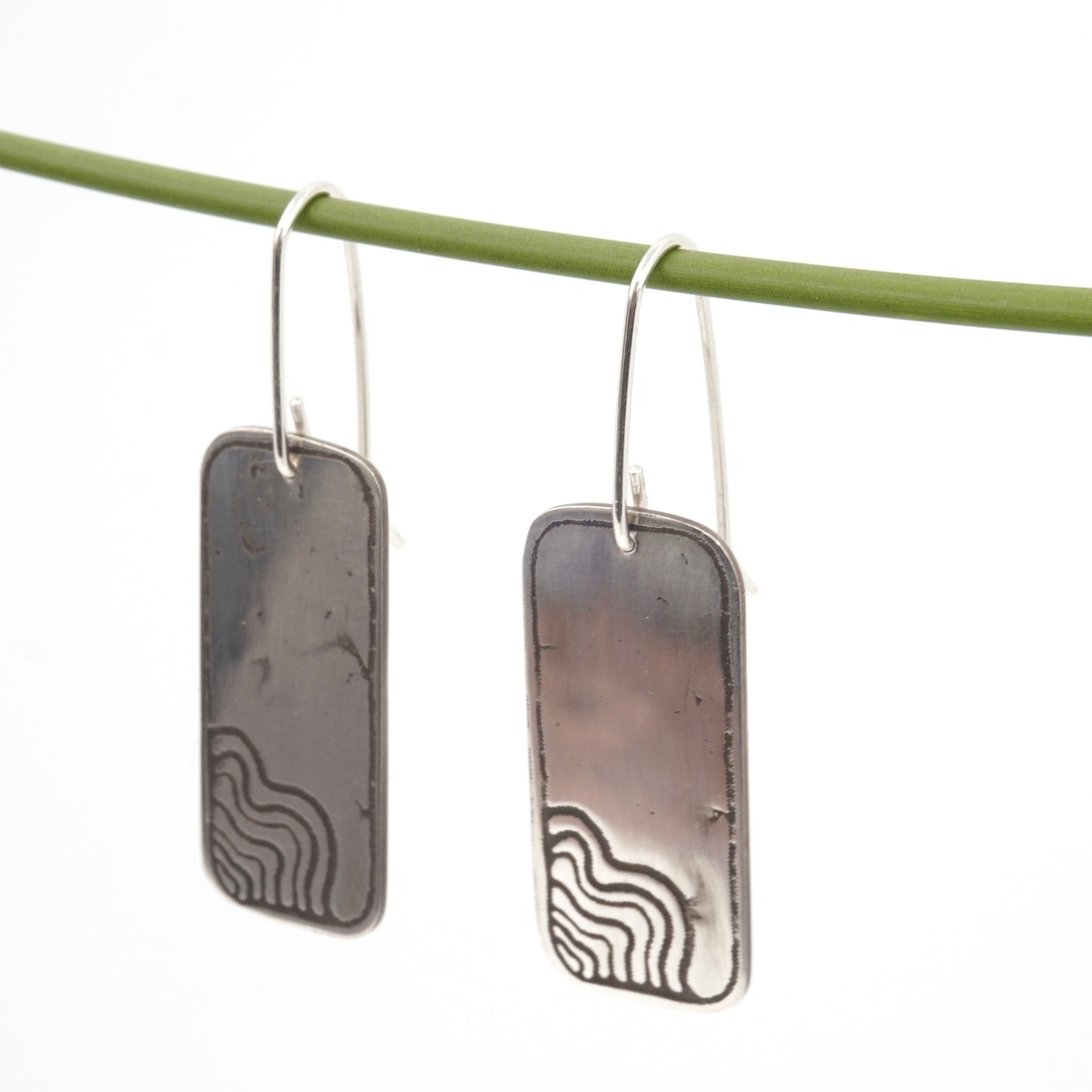 Wetland Habitat Etched Rectangular Sterling Silver Drop Earrings