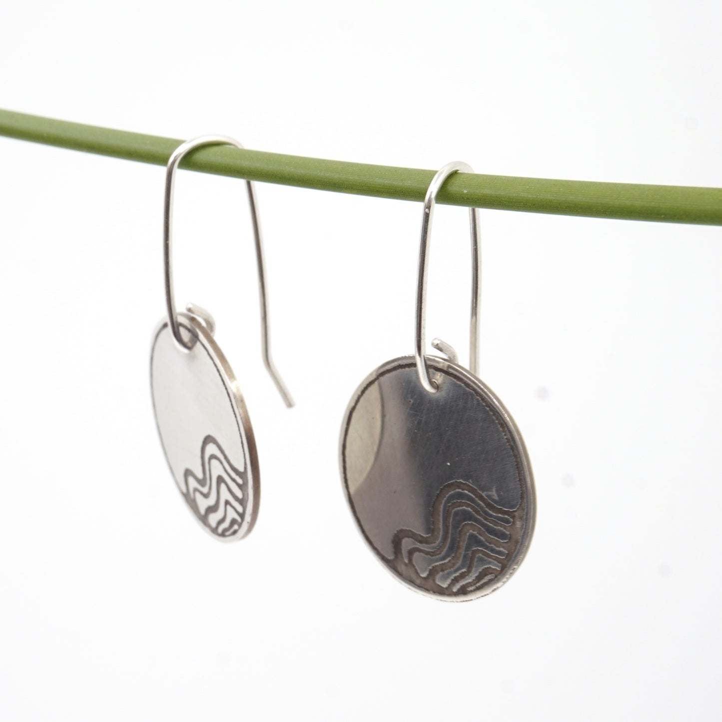 Wetland Habitat Etched Round Sterling Silver Drop Earrings