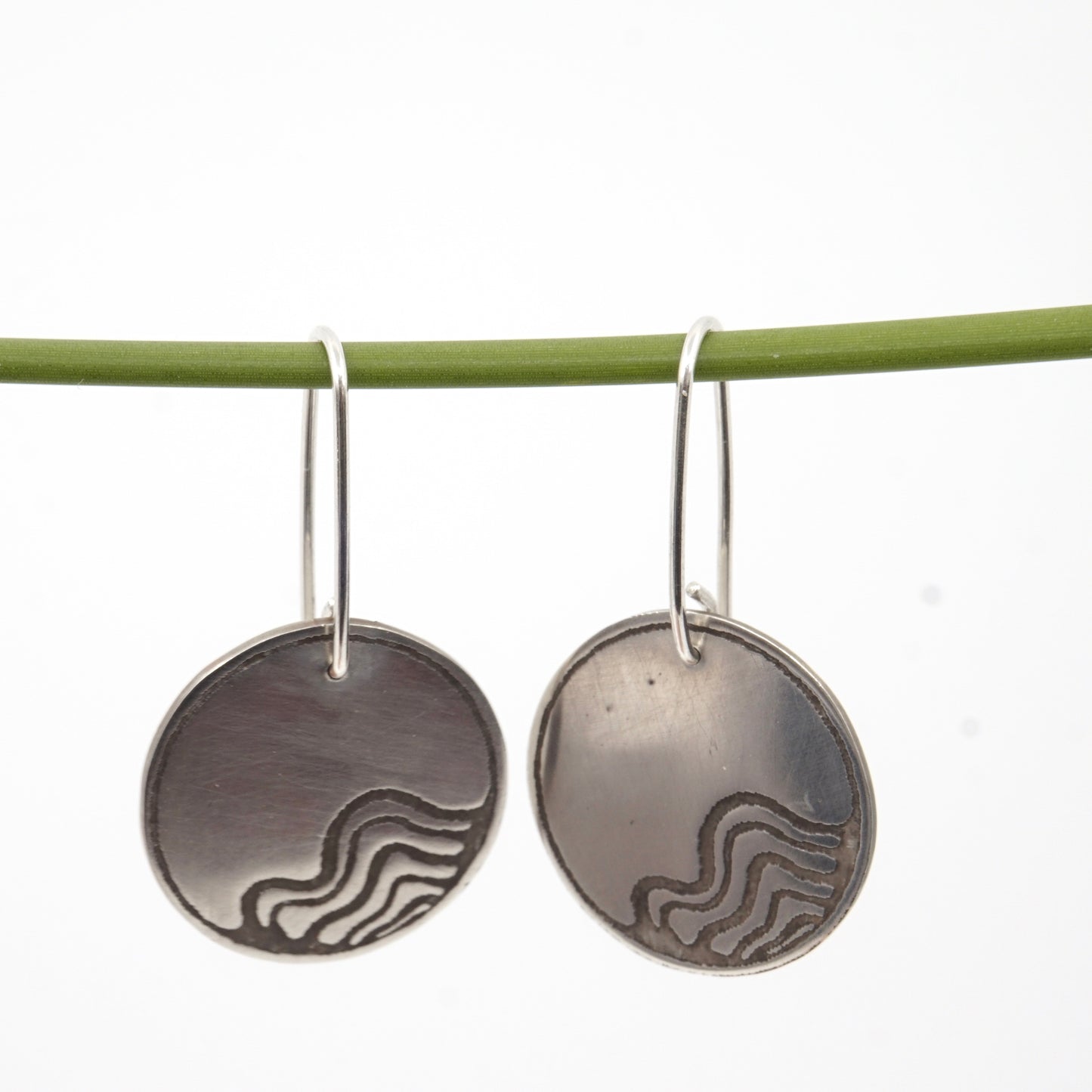 Wetland Habitat Etched Round Sterling Silver Drop Earrings