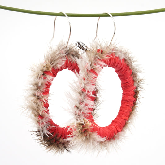 Red Bottlebrush Emu Feather Raffia Hoop Earrings