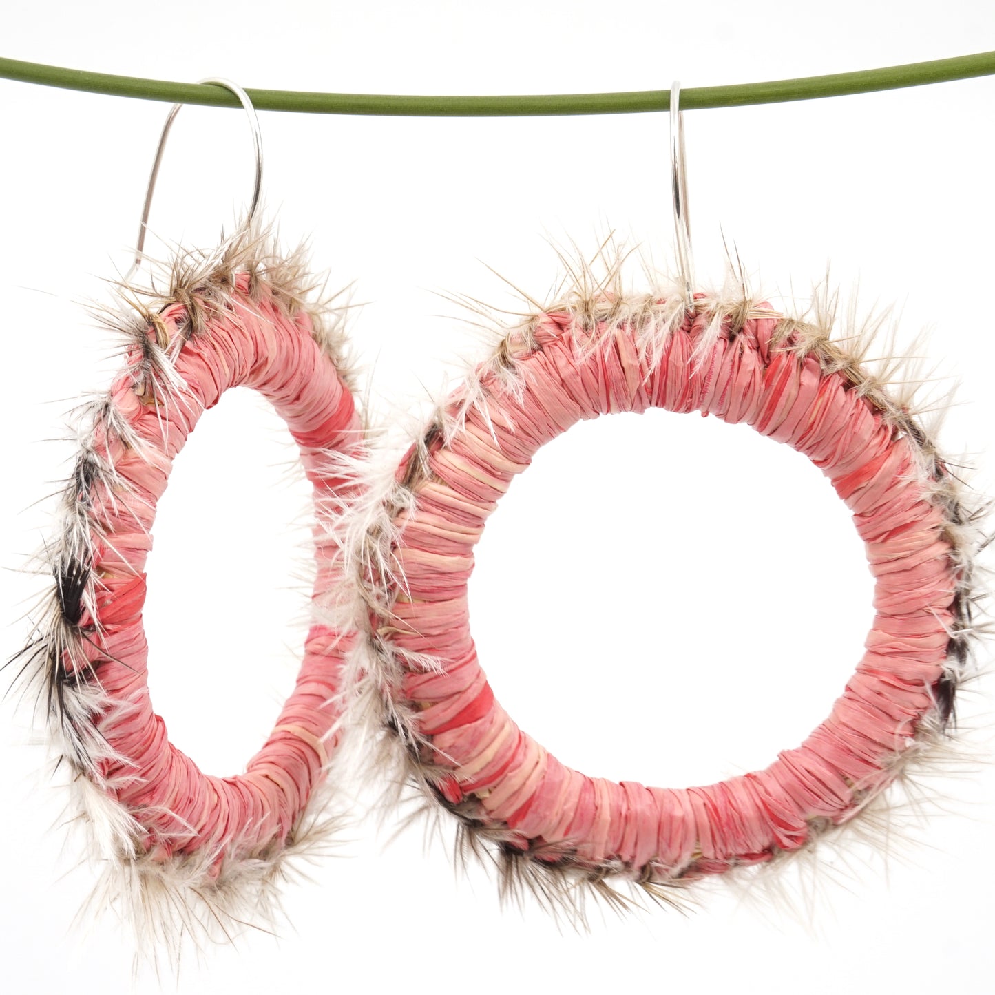 Pink Mallee Moth Emu Feather Raffia Hoop Earrings