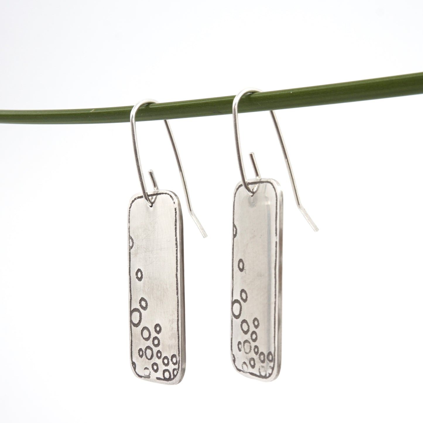 Growling Grass Frog Pattern Etched Rectangular Sterling Silver Drop Earrings