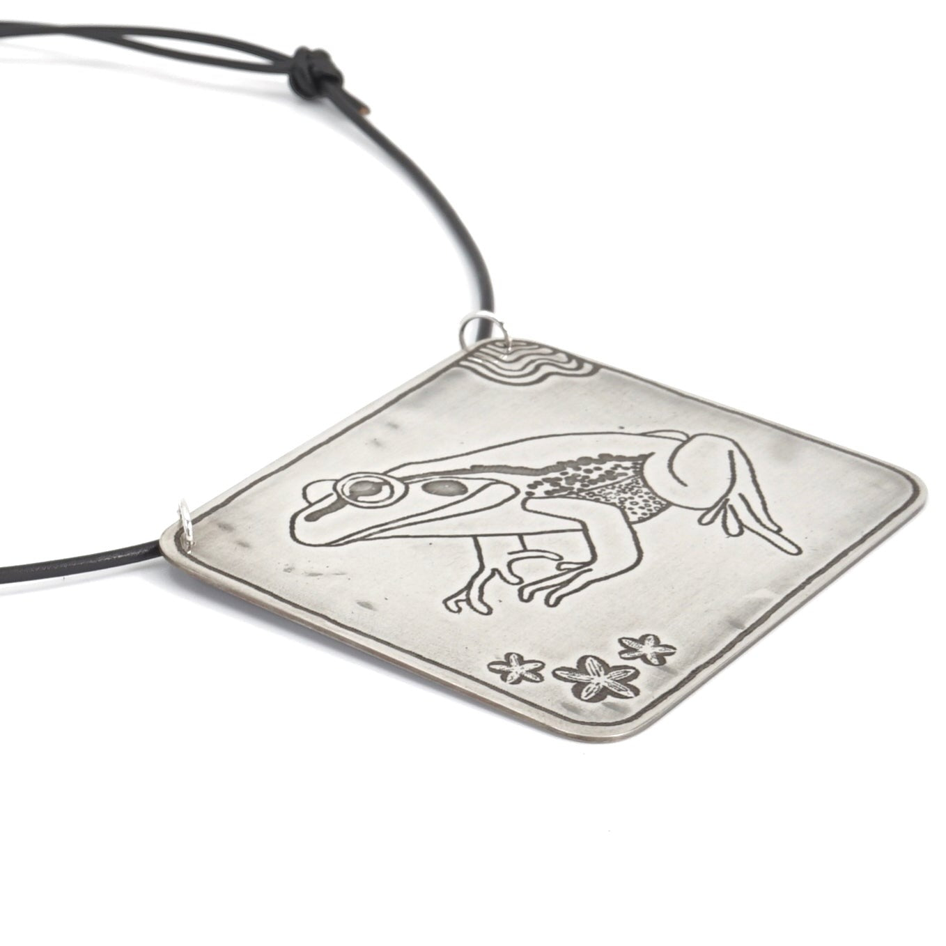Growling Grass Frog Etched Sterling Silver Necklace on Adjustable Black Leather