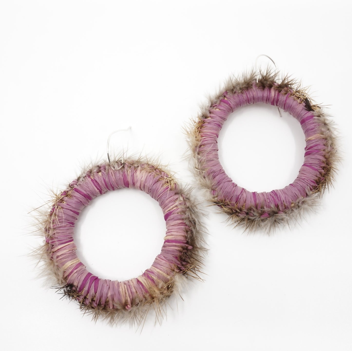 Purple Diuris Flower Emu Feather Raffia Hoop Earrings