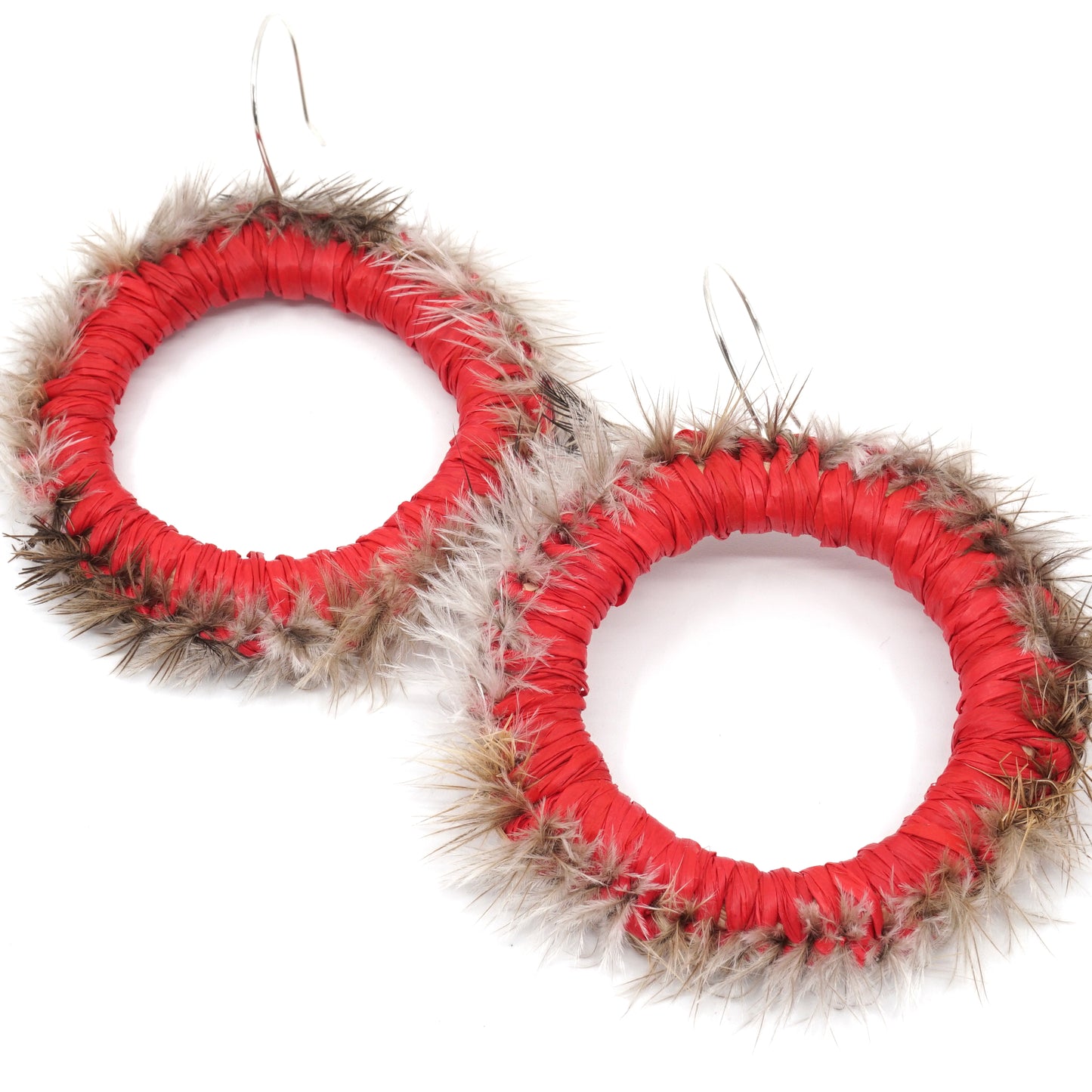 Red Bottlebrush Emu Feather Raffia Hoop Earrings