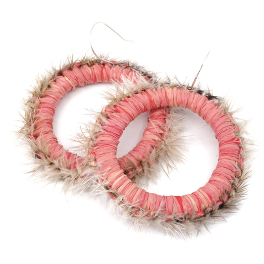 Pink Mallee Moth Emu Feather Raffia Hoop Earrings