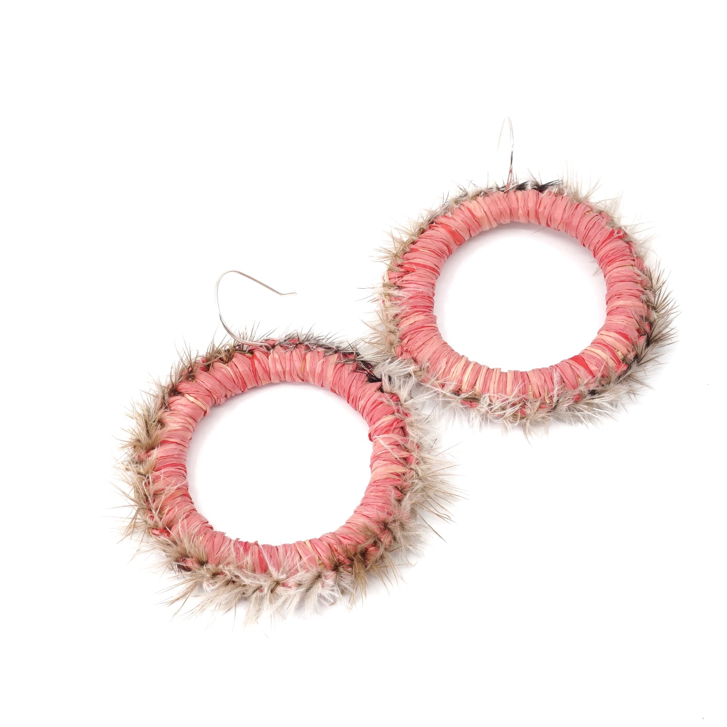 Pink Mallee Moth Emu Feather Raffia Hoop Earrings