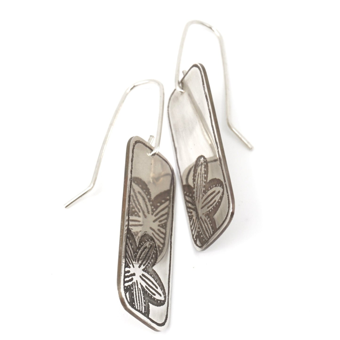 Running Marsh Flower Etched Rectangular Sterling Silver Drop Earrings