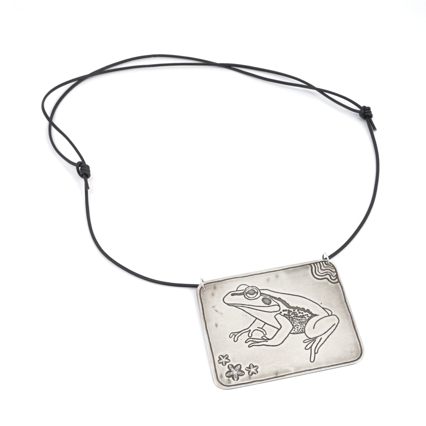 Growling Grass Frog Etched Sterling Silver Necklace on Adjustable Black Leather