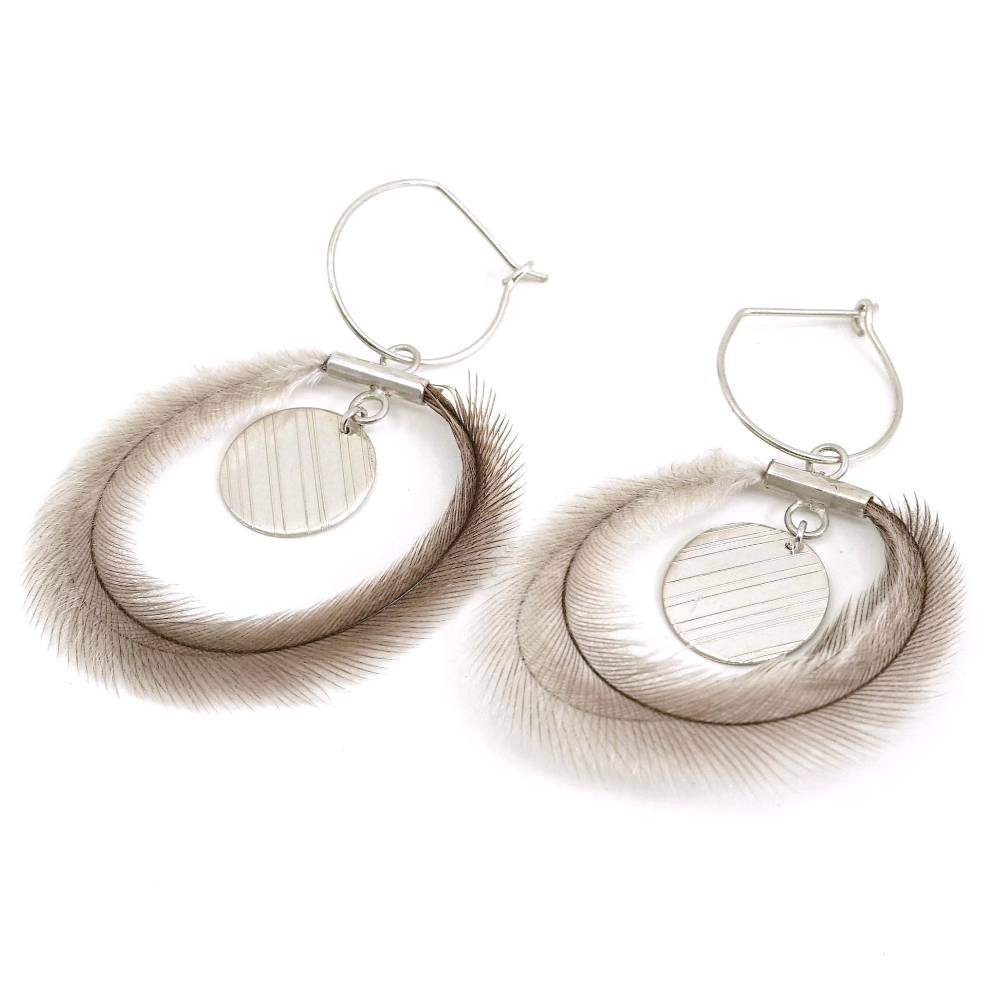 Emu feather and silver Aboriginal hoop earrings